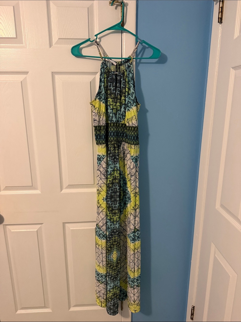 London Times Yellow and Blue Printed Halter Maxi Dress